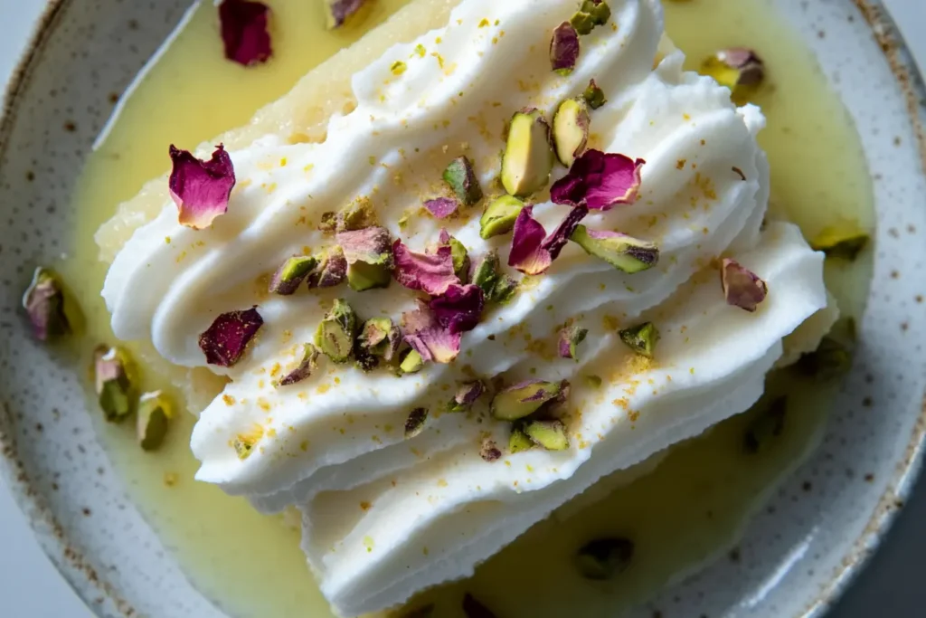 Pistachio Milk Cake: The Ultimate Nutty & Moist Dessert Recipe pistachio milk cake A slice of milk cake topped with whipped cream, rose petals, crushed pistachios, and saffron threads, served in a pool of creamy milk.