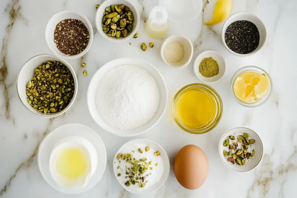 Lemon Pistachio Cake: A Zesty, Nutty Delight Lemon Pistachio Cake Flat lay of ingredients for lemon pistachio cake including flour, ground pistachios, eggs, olive oil, yogurt, sugar, lemon zest, and vanilla on a bright kitchen counter