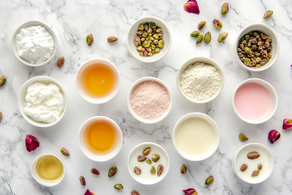 Pistachio Milk Cake: The Ultimate Nutty & Moist Dessert Recipe pistachio milk cake Pistachio milk cake ingredients including eggs, sugar, cake flour, pistachios, condensed milk, evaporated milk, rose water, and whipped cream arranged on a kitchen counter.