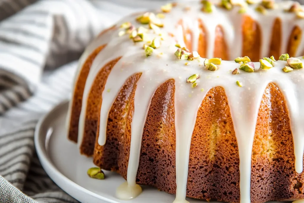 Pistachio Bundt Cake: Moist, Nutty & Nostalgic Treat You’ll Love Pistachio Bundt Cake Close-up of a golden-brown pistachio bundt cake topped with white icing and chopped pistachios on a white plate.