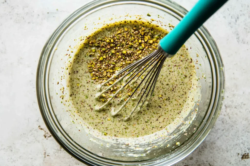 Pistachio Cake: Sweet, Nutty Dessert Everyone Will Love Pistachio Cake Glass mixing bowl filled with speckled pistachio cake batter being whisked with a teal-handled whisk