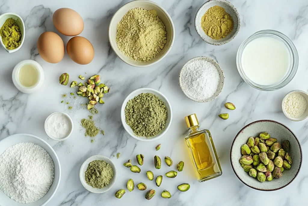 Pistachio Cake: Sweet, Nutty Dessert Everyone Will Love Pistachio Cake Flat lay of ingredients for pistachio cake including ground pistachios, flour, pudding mix, sugar, butter, eggs, and buttermilk
