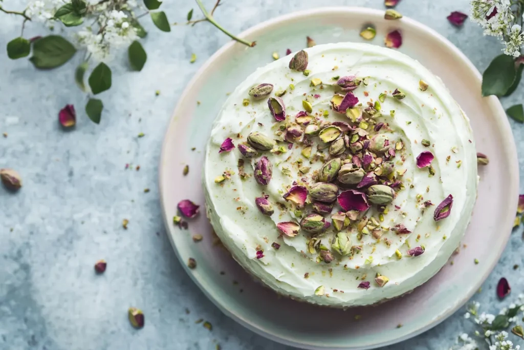 Pistachio Milk Cake: The Ultimate Nutty & Moist Dessert Recipe pistachio milk cake Moist pistachio milk cake topped with whipped cream, crushed pistachios, and dried rose petals, soaked in rich pistachio milk.
