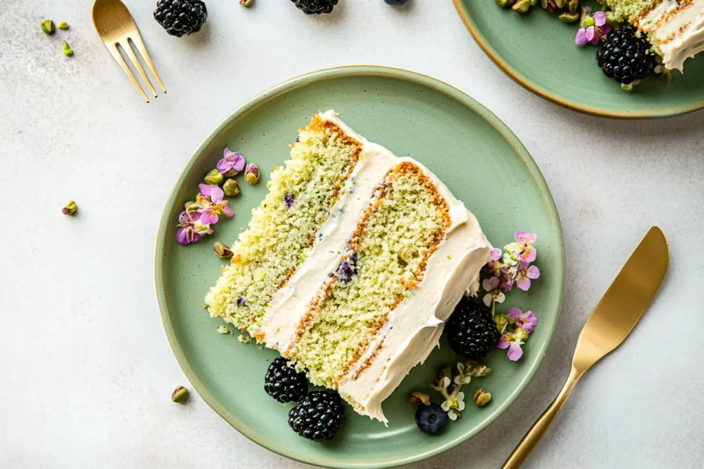 Pistachio Cake: Sweet, Nutty Dessert Everyone Will Love Pistachio Cake Slices of pistachio cake with white frosting served on green plates, garnished with berries and edible flowers