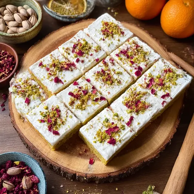 Irresistible Pistachio Tres Leches Cake: A Sweet Twist on Tradition Pistachio Tres Leches Cake A full tray of pistachio cake slices topped with whipped cream, crushed pistachios, and dried rose petals, displayed on a wooden serving board