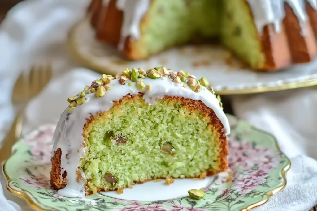 Pistachio Bundt Cake: Moist, Nutty & Nostalgic Treat You’ll Love Pistachio Bundt Cake Close-up of a green pistachio bundt cake slice with brown sugar nut filling and white glaze on a decorative plate