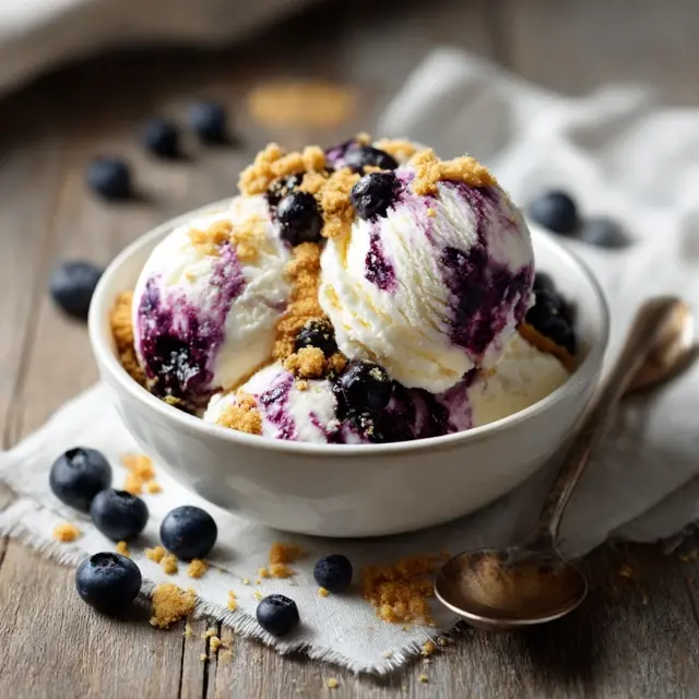 Blueberry cheesecake cottage cheese ice cream in a rustic bowl