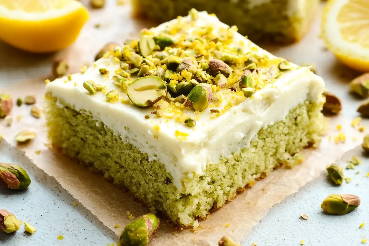 Lemon Pistachio Cake: A Zesty, Nutty Delight Lemon Pistachio Cake A slice of moist pistachio cake topped with creamy lemon frosting and crushed pistachios