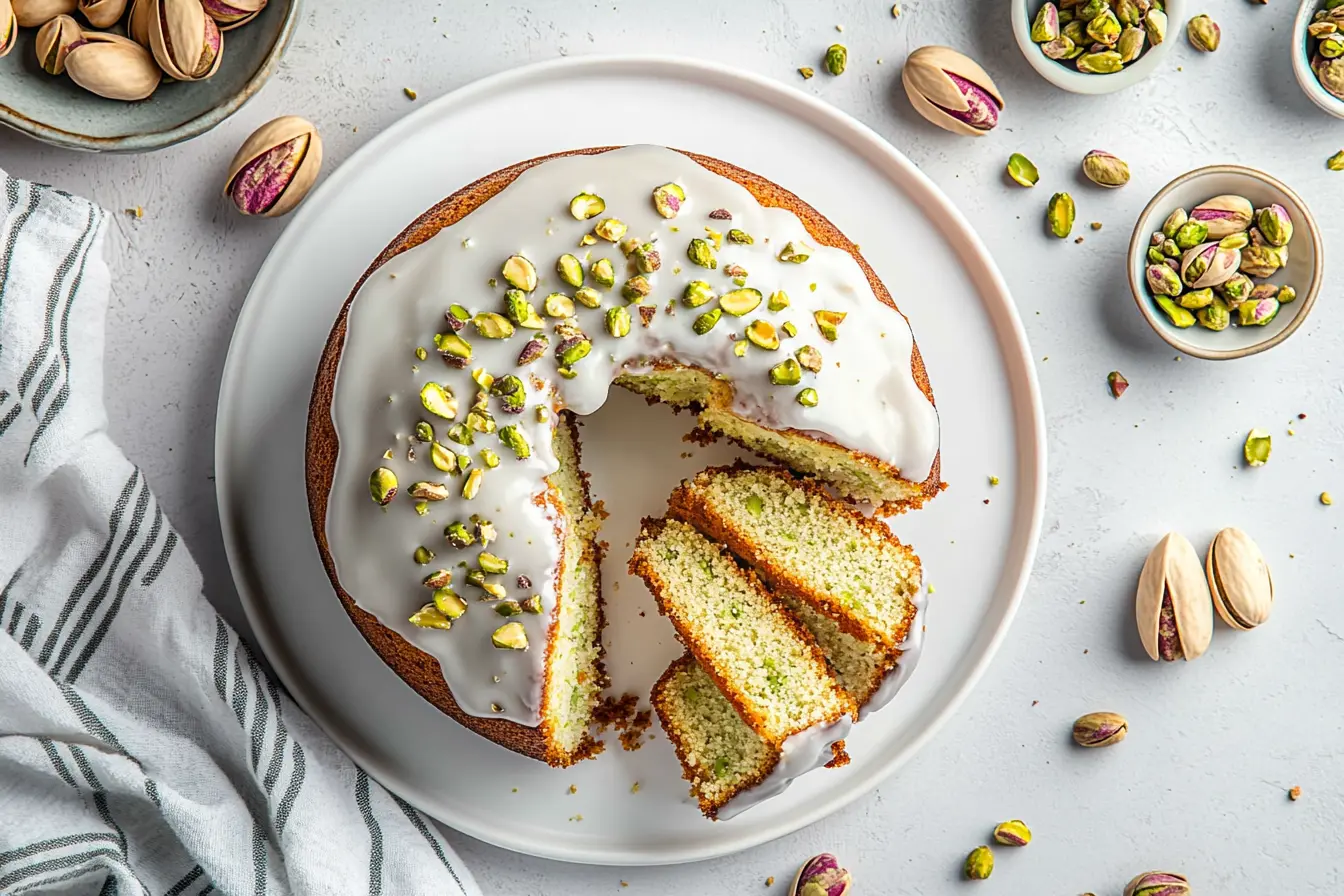 Pistachio Bundt Cake: Moist, Nutty & Nostalgic Treat You’ll Love Pistachio Bundt Cake Top view of a homemade pistachio bundt cake with white vanilla glaze and chopped pistachios, sliced and served on plates