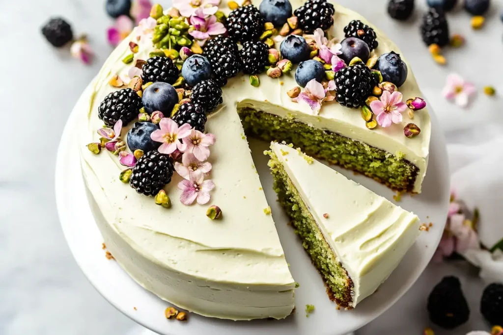 Top view of a pistachio cake with white frosting, topped with blackberries, blueberries, chopped pistachios, and fresh flowers