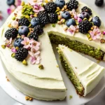 Pistachio Cake: Sweet, Nutty Dessert Everyone Will Love Pistachio Cake Top view of a pistachio cake with white frosting, topped with blackberries, blueberries, chopped pistachios, and fresh flowers