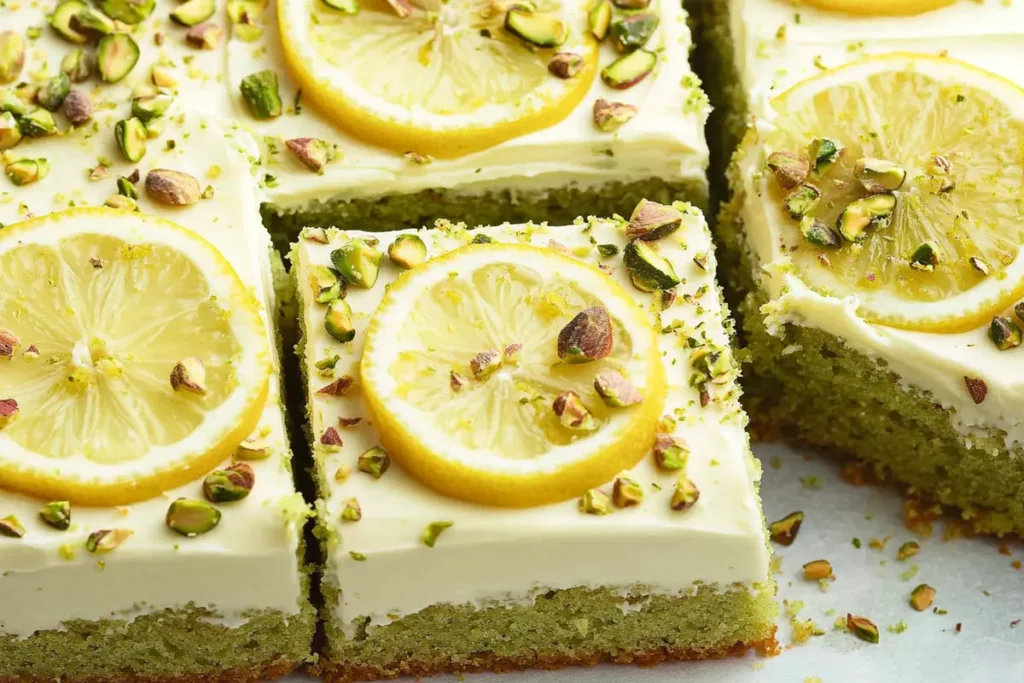 Lemon Pistachio Cake: A Zesty, Nutty Delight Lemon Pistachio Cake Rectangular pistachio cake topped with creamy lemon frosting, crushed pistachios, and lemon slices, cut into squares