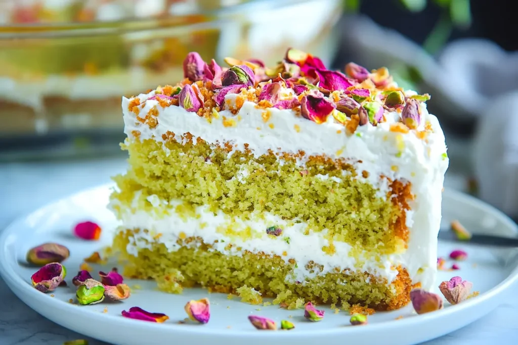 A slice of moist pistachio cake topped with whipped frosting, crushed pistachios, and dried rose petals on a white plate