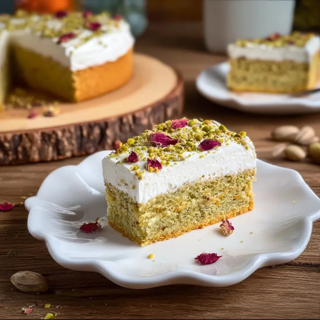 A slice of moist pistachio cake topped with whipped cream, chopped pistachios, and dried rose petals, served on a decorative plate